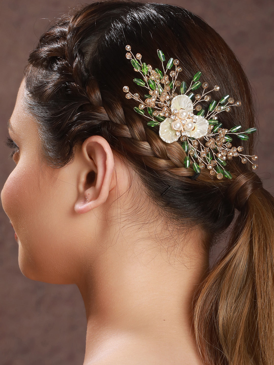 Gold Toned Mother Of Pearl Embellished Green  Hair Comb  Pin